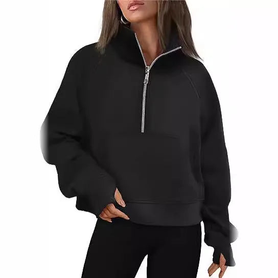 Loose lapel fleece-lined women's sweater in a solid colour with raglan long sleeves.