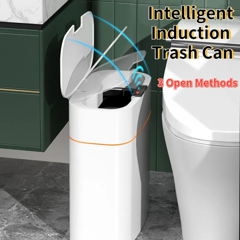 White automatic induction smart trash can with lid open, showing internal bin liner.