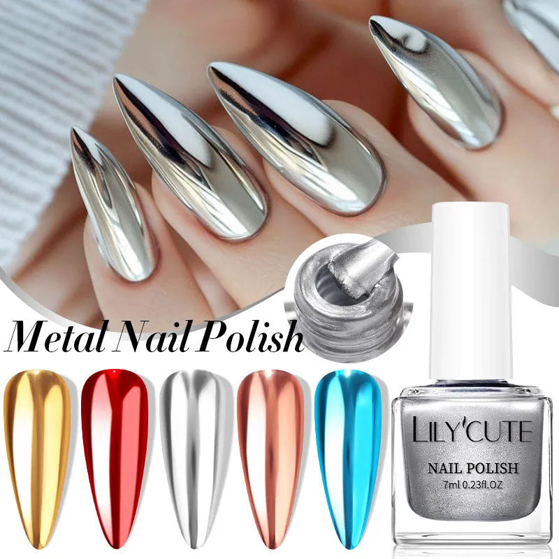 Quick-dry metallic mirror nail polish bottle in a shiny silver shade, 7ml, oily no-bake formula