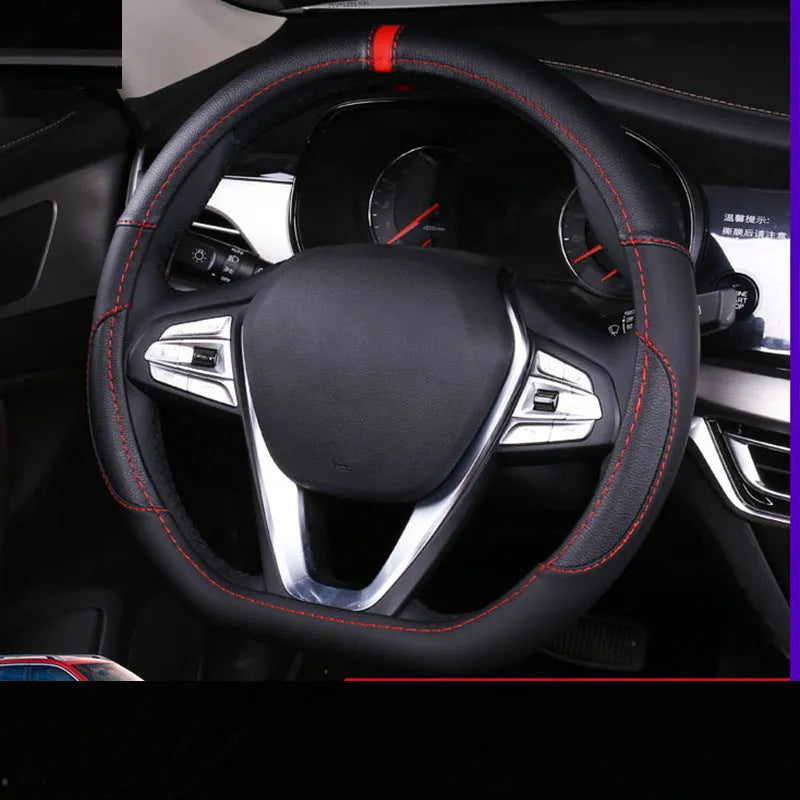 Universal leather steering wheel cover for 38cm diameter wheels in eight colour and style options