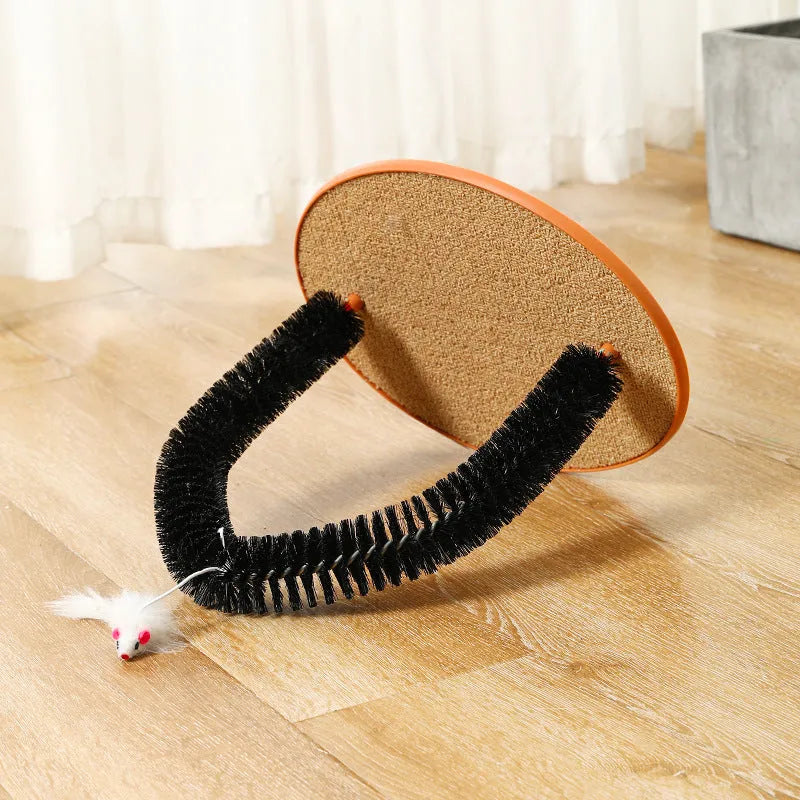 Black arch-shaped cat scratch post with rubbing surface and attached plush mouse toy