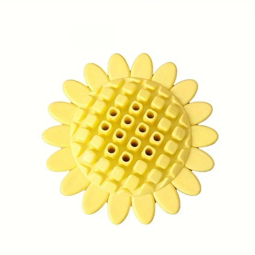 Yellow rubber sunflower dog chew toy with 10cm diameter head and 5cm stem