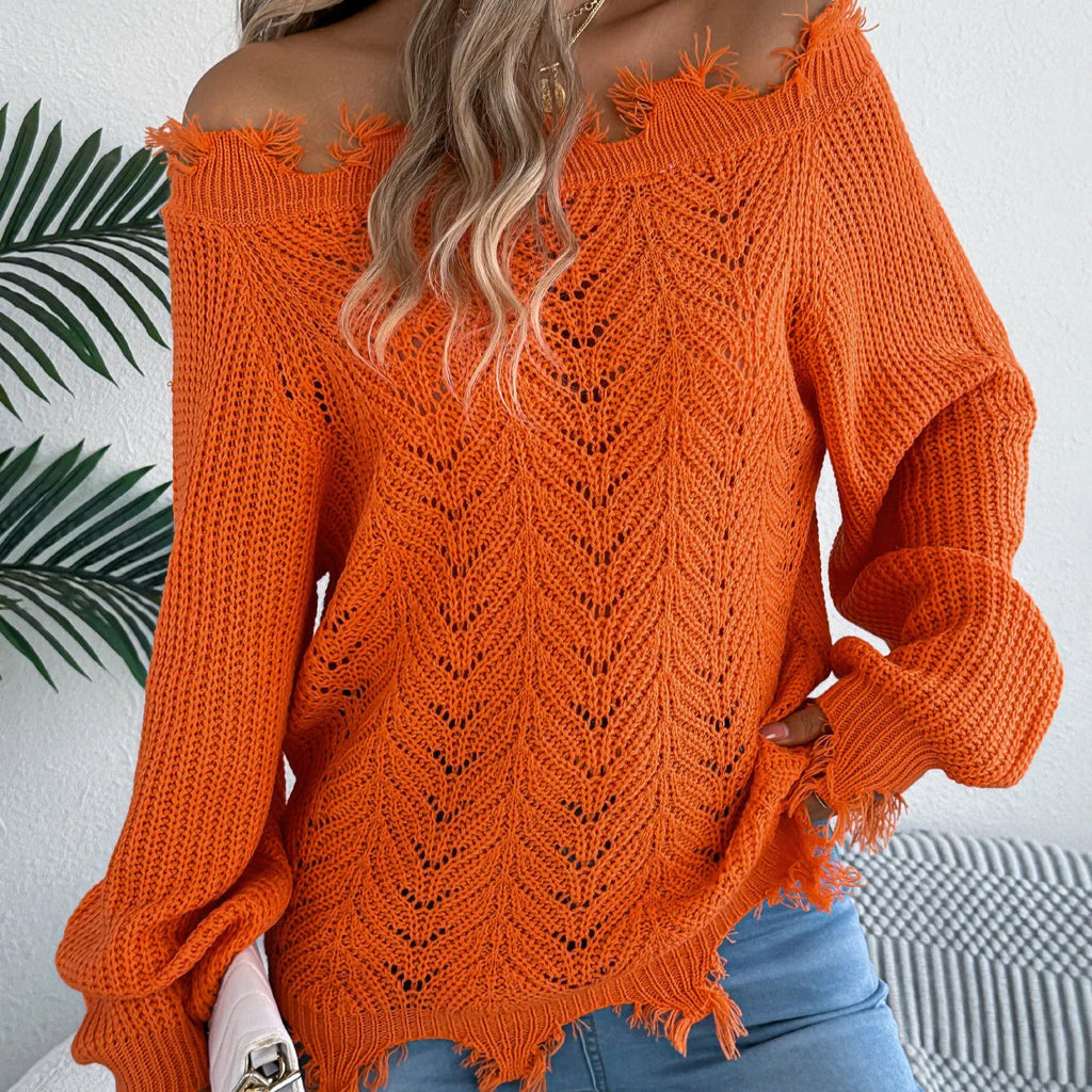White women's hollow-out off-the-shoulder long sleeve acrylic wool pullover sweater