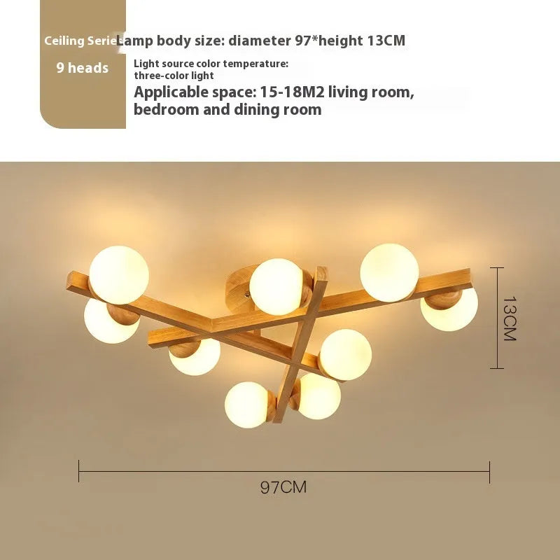 Wooden style modern Nordic ceiling light fixture with three neutral light heads