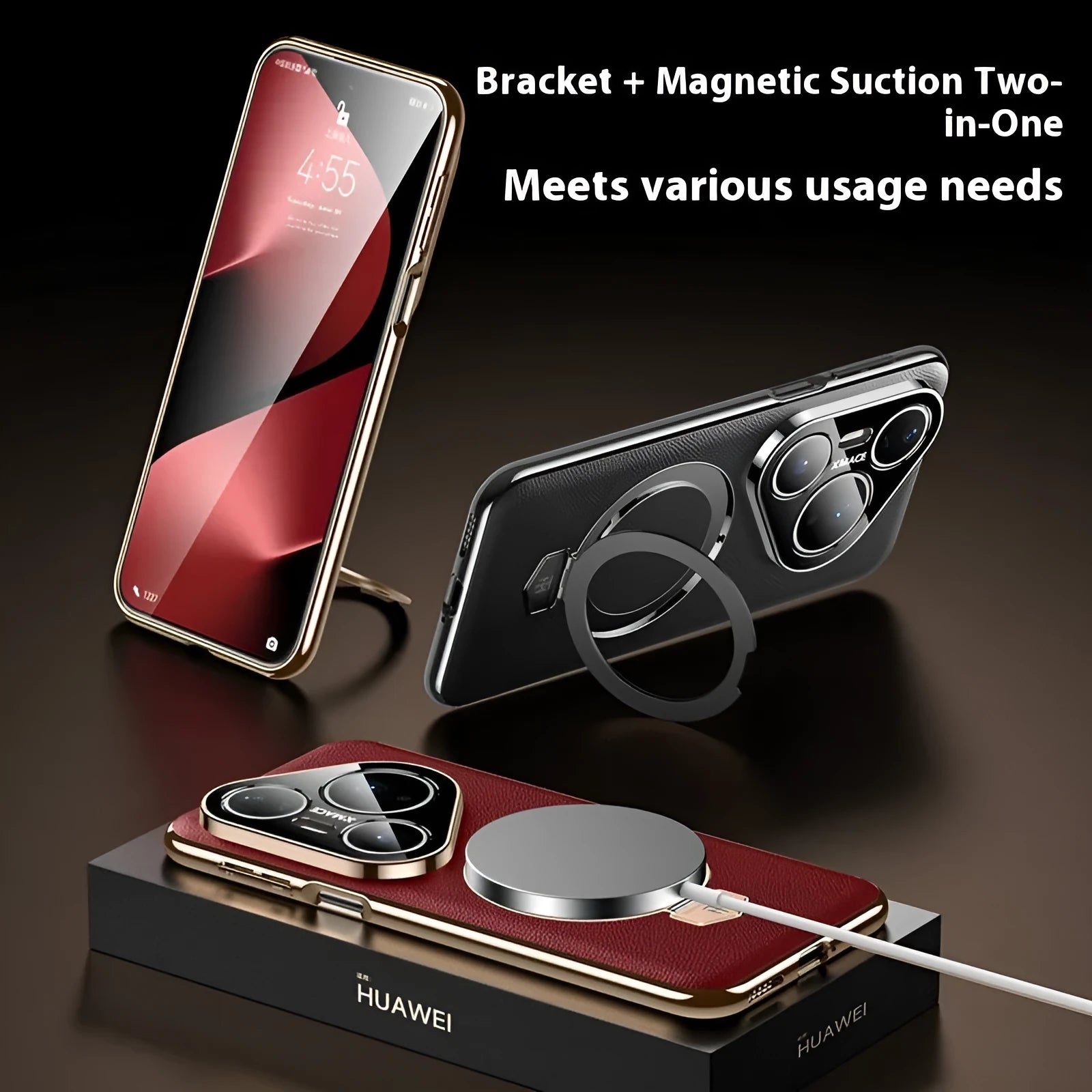 Magnetic rotating bracket phone case in Obsidian Black for Huawei Pura with frosted finish