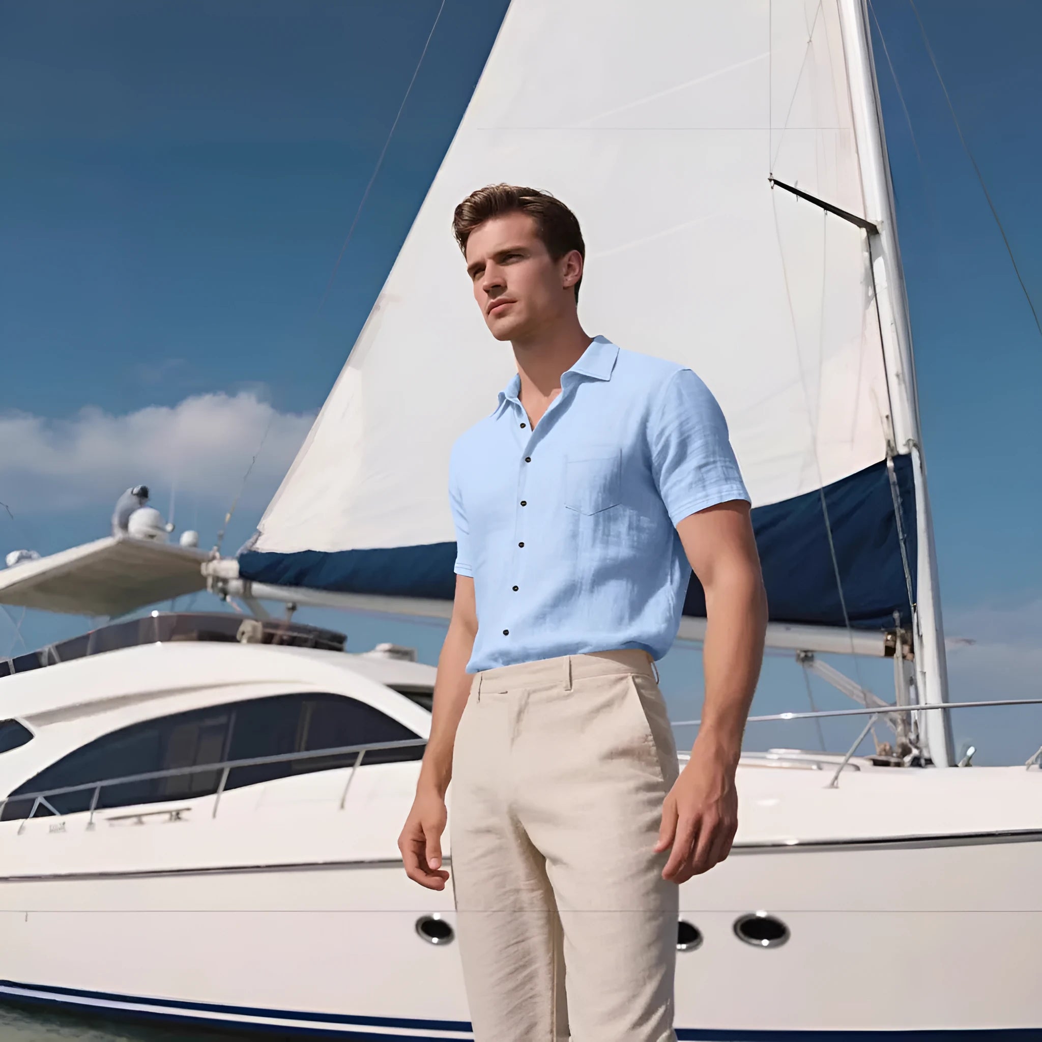 Men's loose fit short sleeve linen shirt in a solid colour, showing cardigan style and casual design.