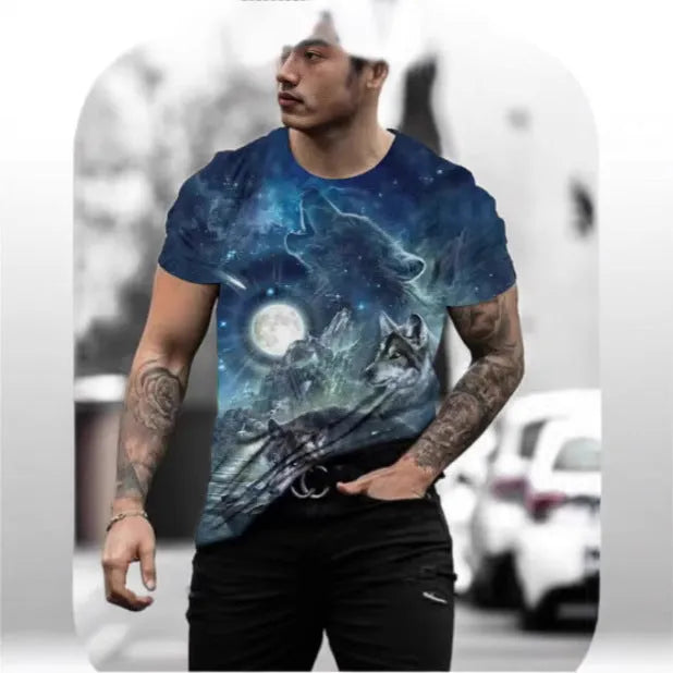 Retro style men's t-shirt with a 3D animal pattern print, short sleeves, and a pullover neck.