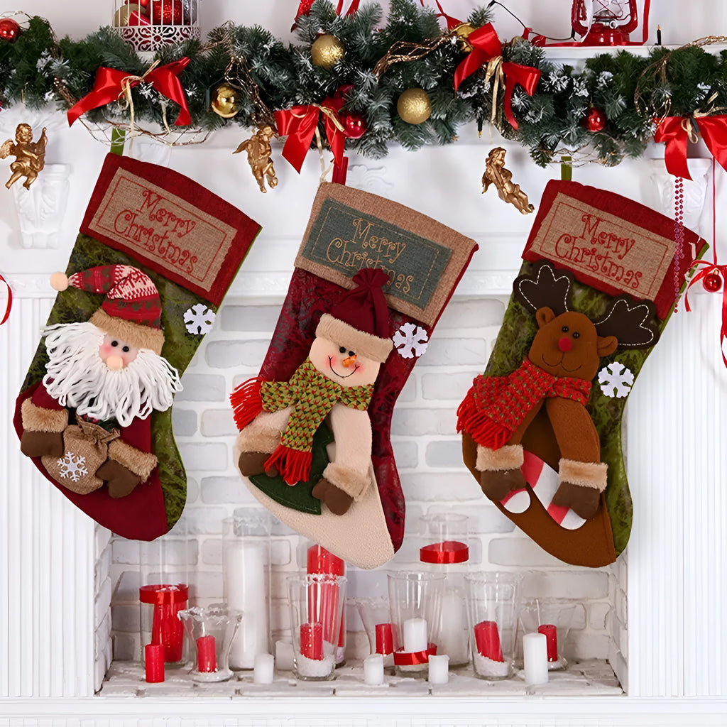 Red burlap Christmas stocking with 3D applique snowman design and fluffy white trim