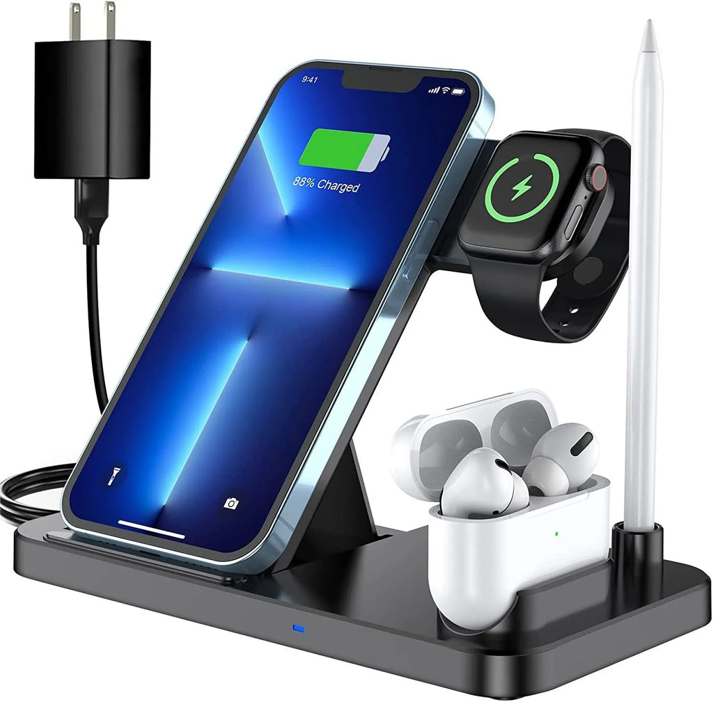 Black four-in-one wireless charging station with QC3.0 fast charging head for multiple devices