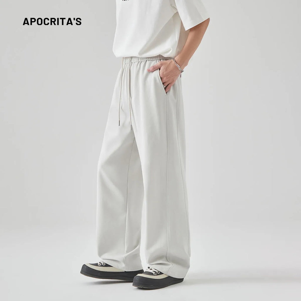 Men's cotton blend summer casual pants in straight-leg design with lace-up waist closure