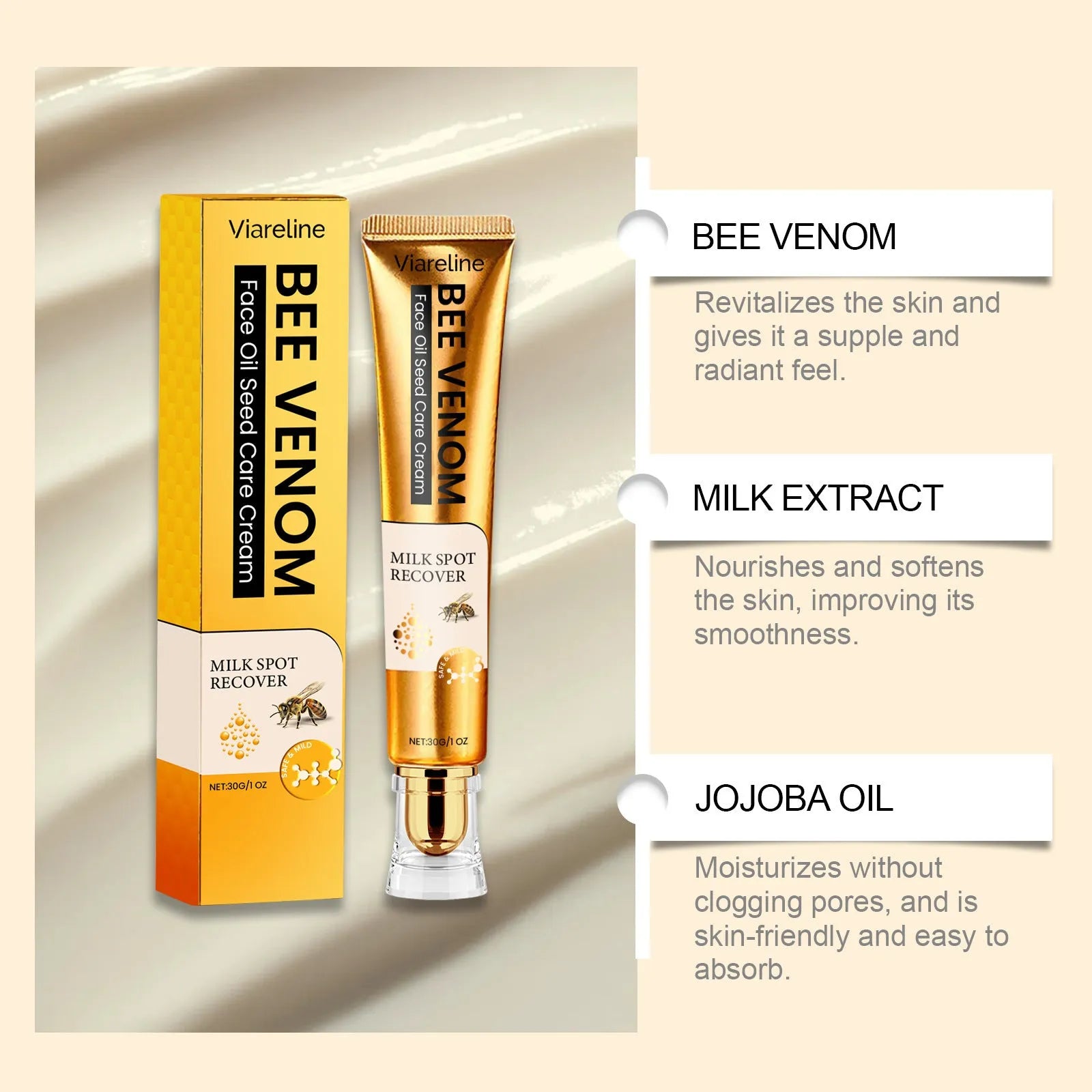 30g tube of facial and neck moisturising cream with bee venom and milk extract.