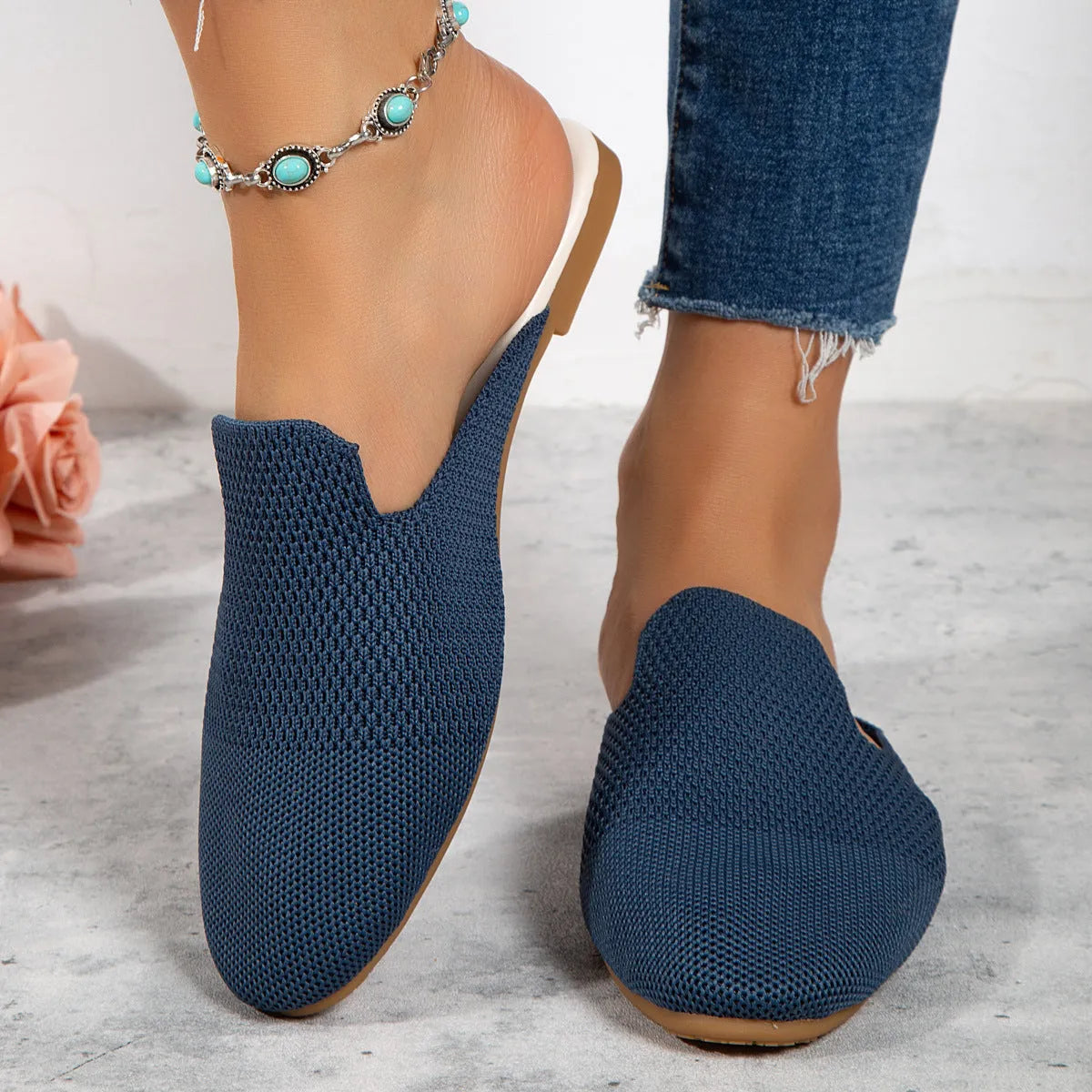 Women's mesh slip-on sandals in apricot, blue and green candy colours with round toe design