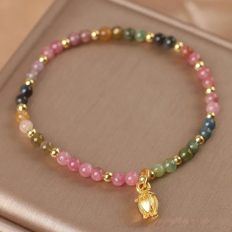 Natural tourmaline beaded anklet with floral pattern and adjustable chain closure for women