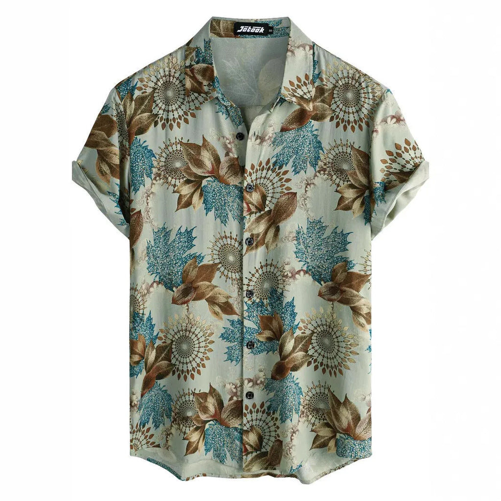 Hawaiian floral print short sleeve shirt with a lapel collar on a hanger.