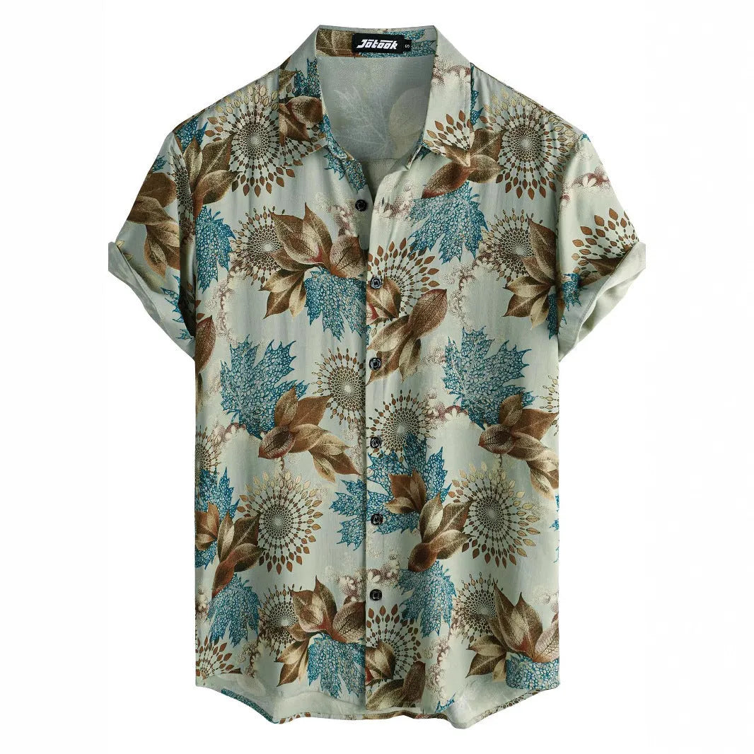 Hawaiian floral print short sleeve shirt with a lapel collar on a hanger.