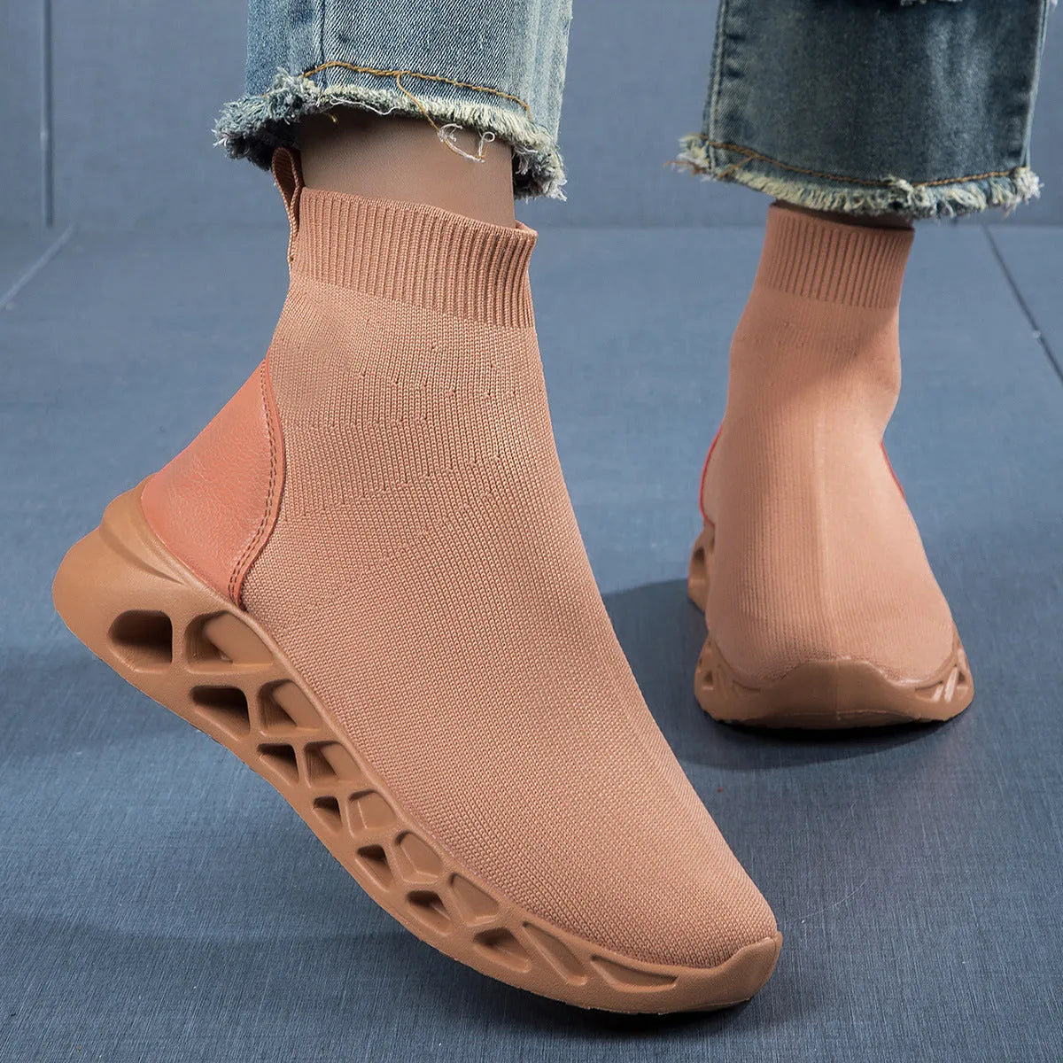 Women's casual mesh sock boots in black colour with flat sole and round toe design
