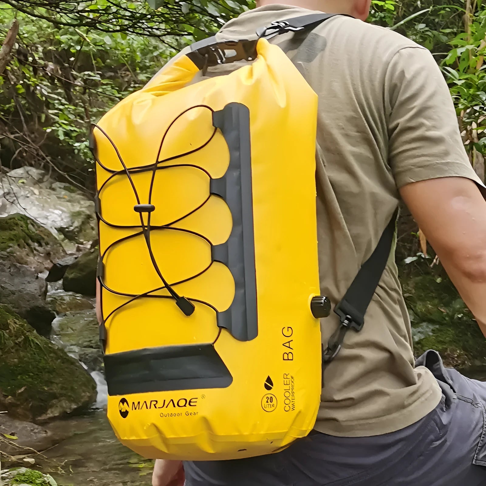 Yellow waterproof PVC backpack with 20L capacity for camping and water sports