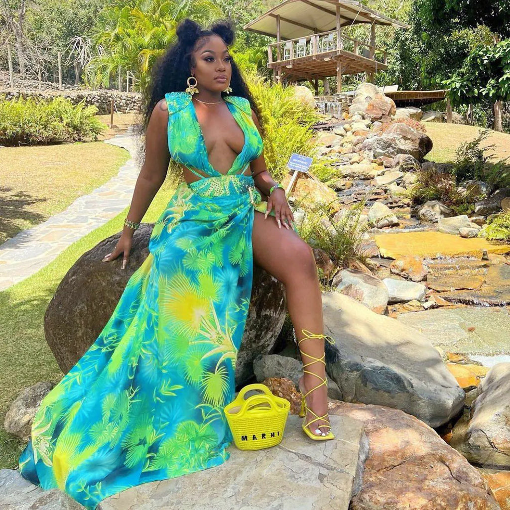 Women's sleeveless cardigan printed swimsuit two-piece set with long straight skirt in acetate fibre, British style