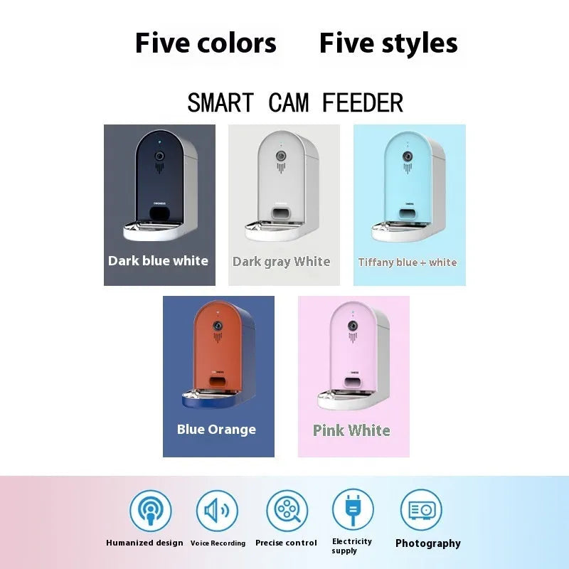 Smart automatic pet feeder for cats and dogs with remote monitoring, shown in Barbie Pink and Ivory White.