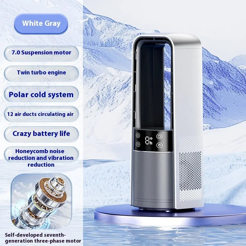 Bladeless twin-turbo ice-sensing fan in light gray with remote control, six speeds, night light, 3500mAh