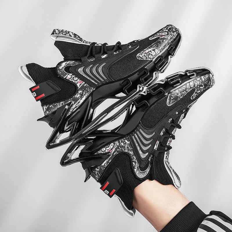 Cool men's camouflage mesh running sneakers with flying weave upper and rubber sole, side view