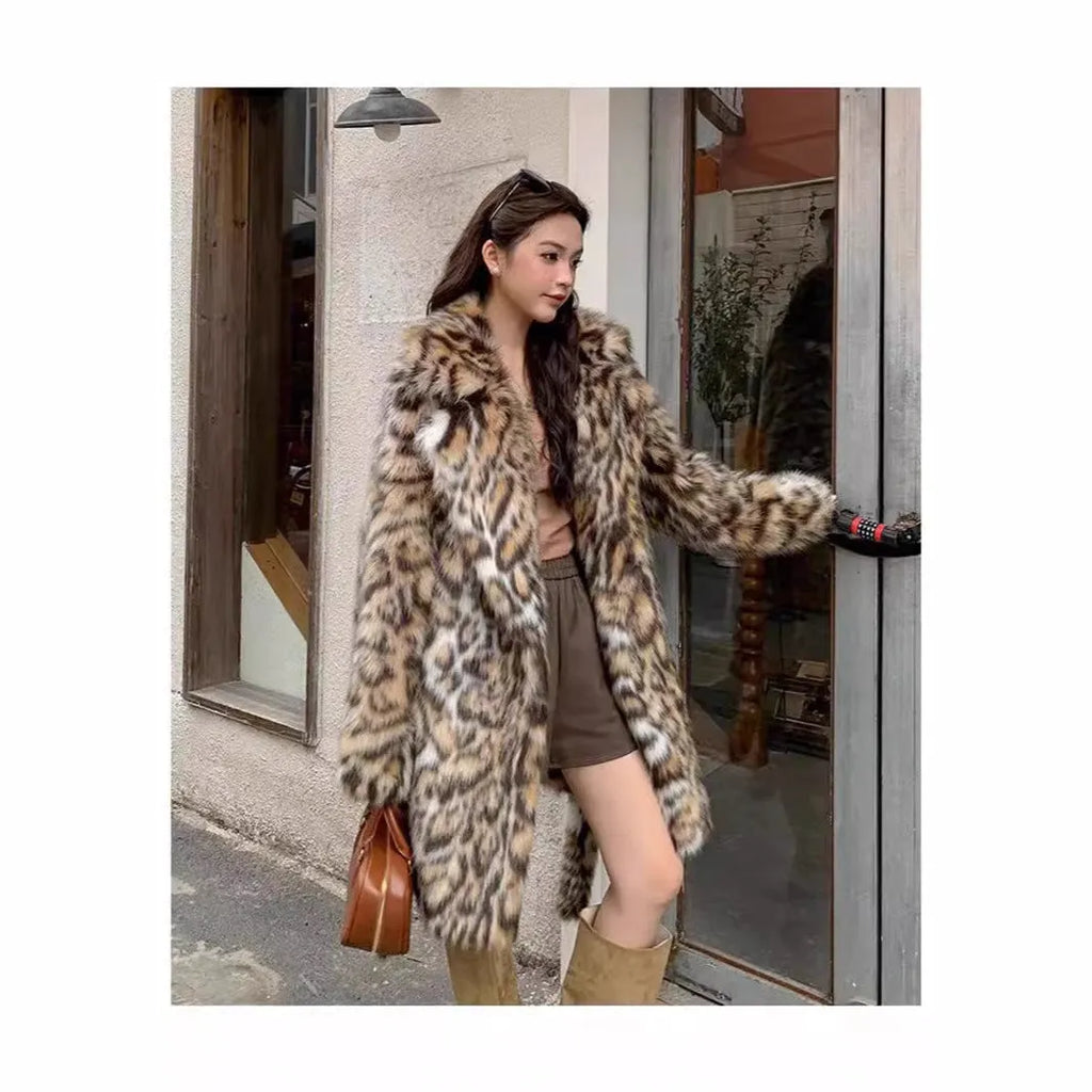 Faux fur fashion coat with fur collar in street style design showing long and medium length options