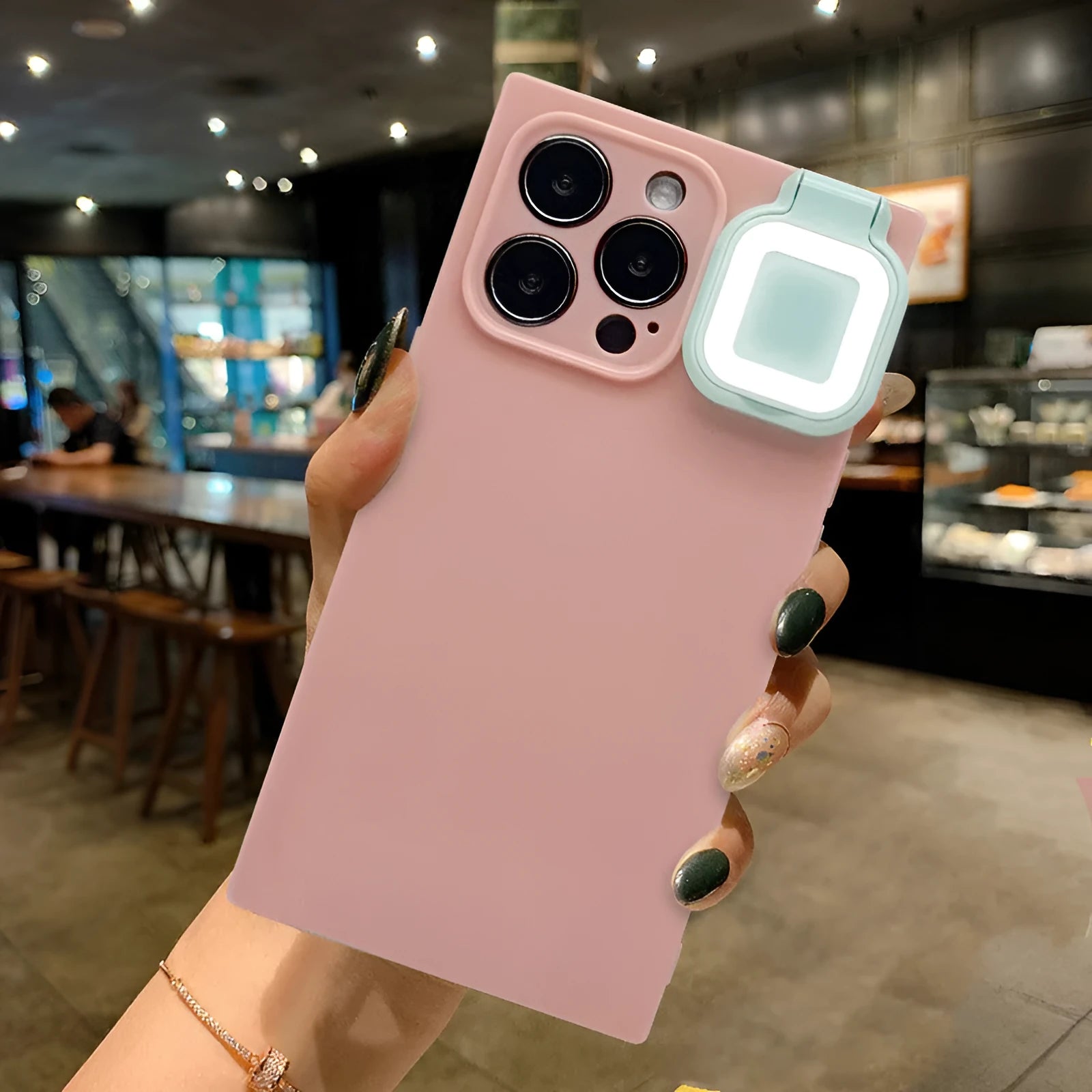 iPhone 13 phone case with built-in ring flash light for selfie photography in pink colour