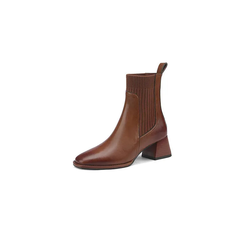 Women's square toe vintage French chunky heel knitted stretch ankle boots in brown with artificial PU upper