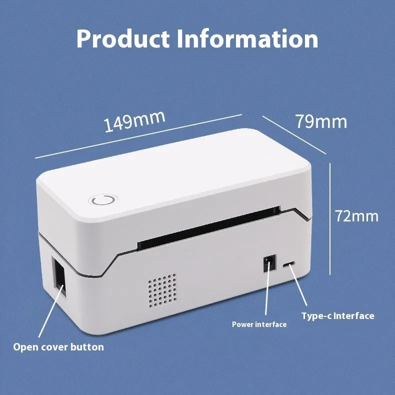 Compact thermal express order printer with Bluetooth, dimensions 149mm by 79mm by 72mm.