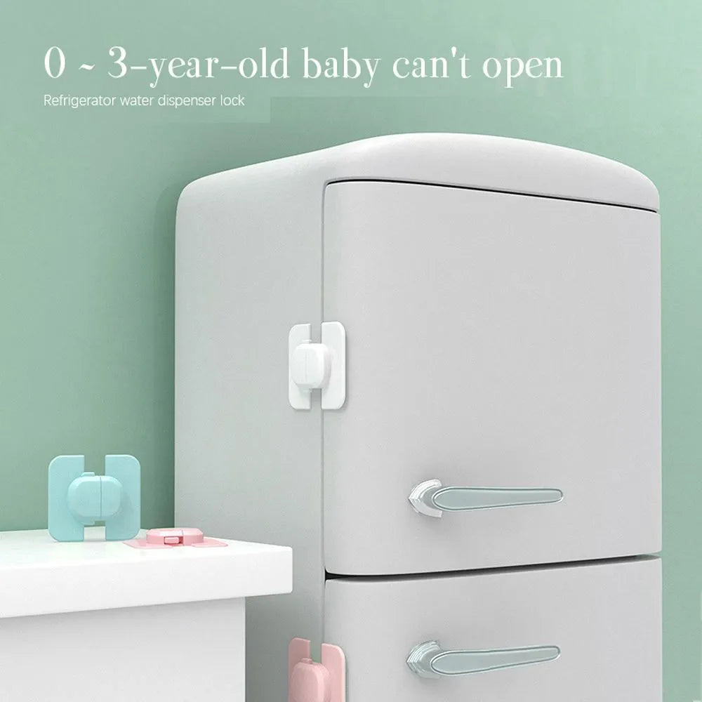 Grey adjustable child safety strap lock with adhesive pads, shown securing a kitchen cabinet door.