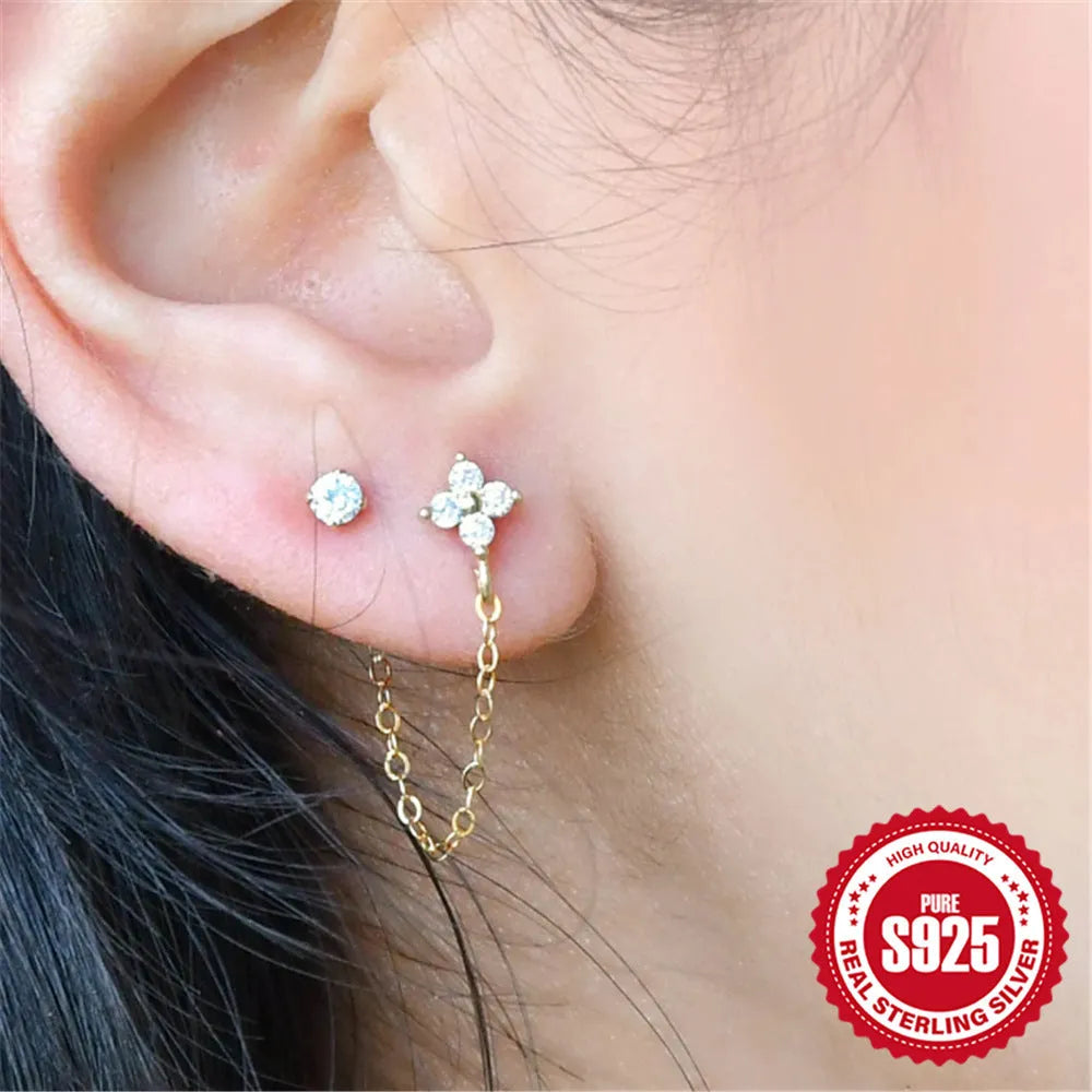 S925 Sterling Silver geometric flower and tassel chain clip-on ear studs with gold electroplated finish.