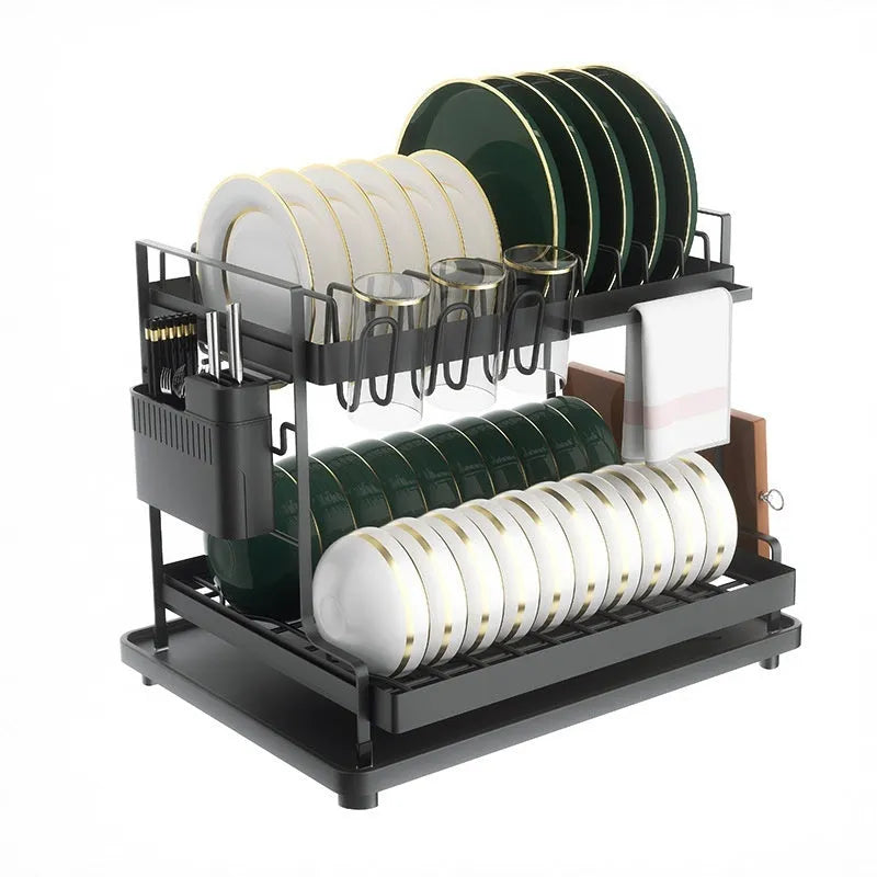 White double-layer kitchen storage rack with carbon steel construction and draining base