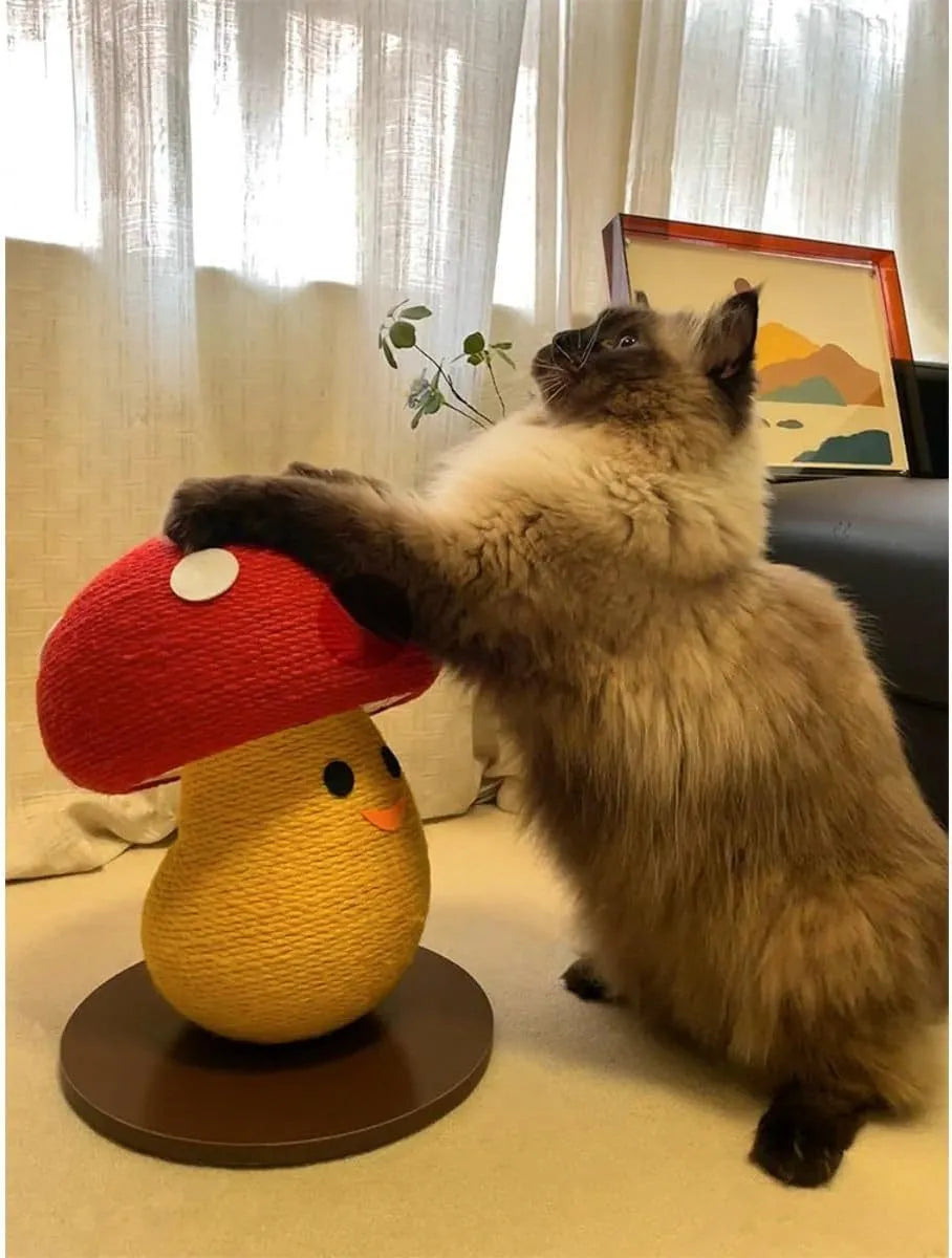 Round mushroom-shaped cardboard cat scratcher with accordion folds, shown as a flat board and formed into a lounge.