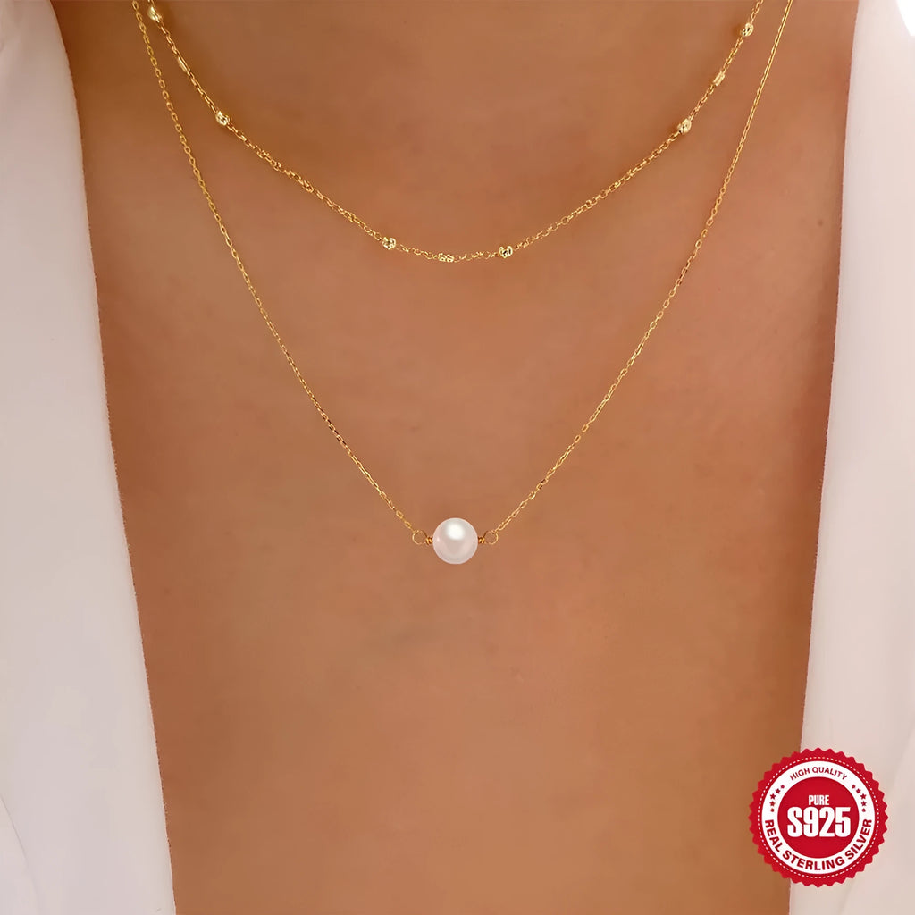S925 sterling silver double layer pearl necklace with twin accents in gold plating