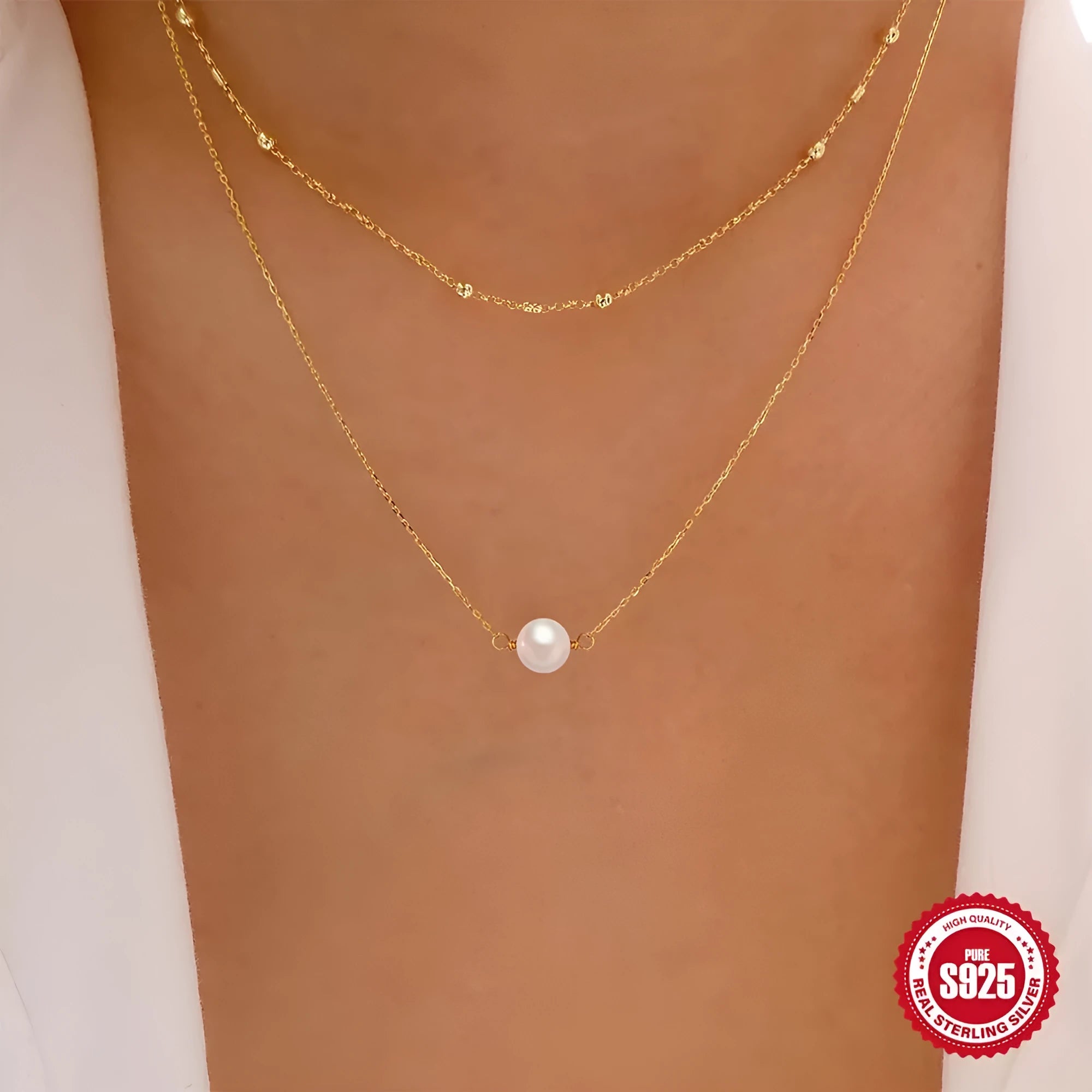 S925 sterling silver double layer pearl necklace with twin accents in gold plating