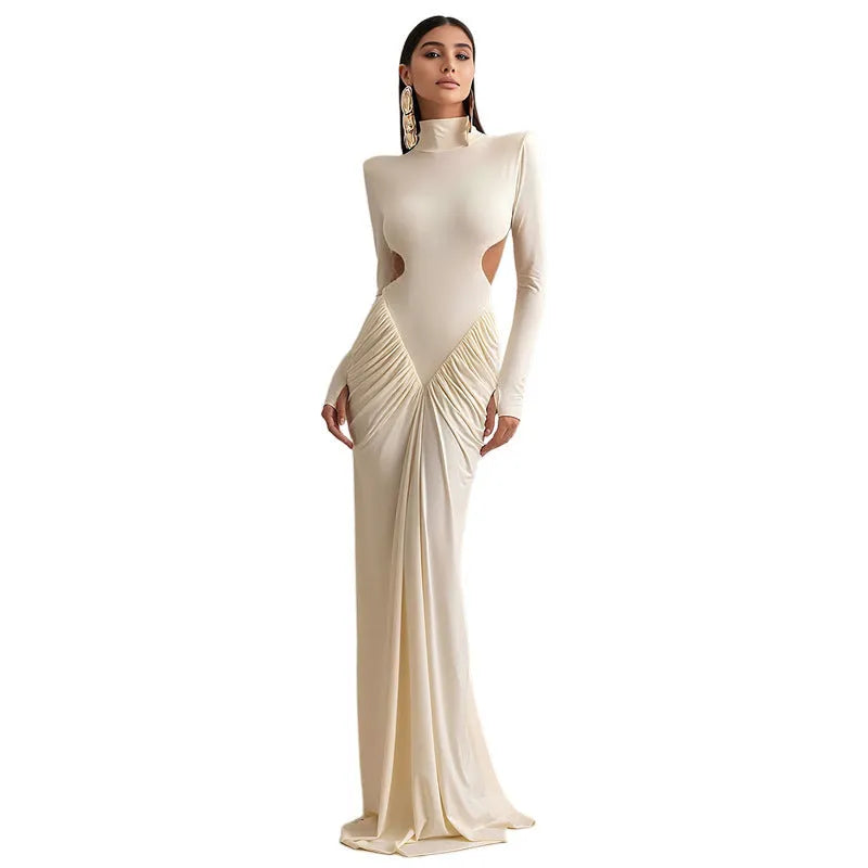 Long sleeve high collar slim fit pleated backless dress in polyester fabric available in four colours