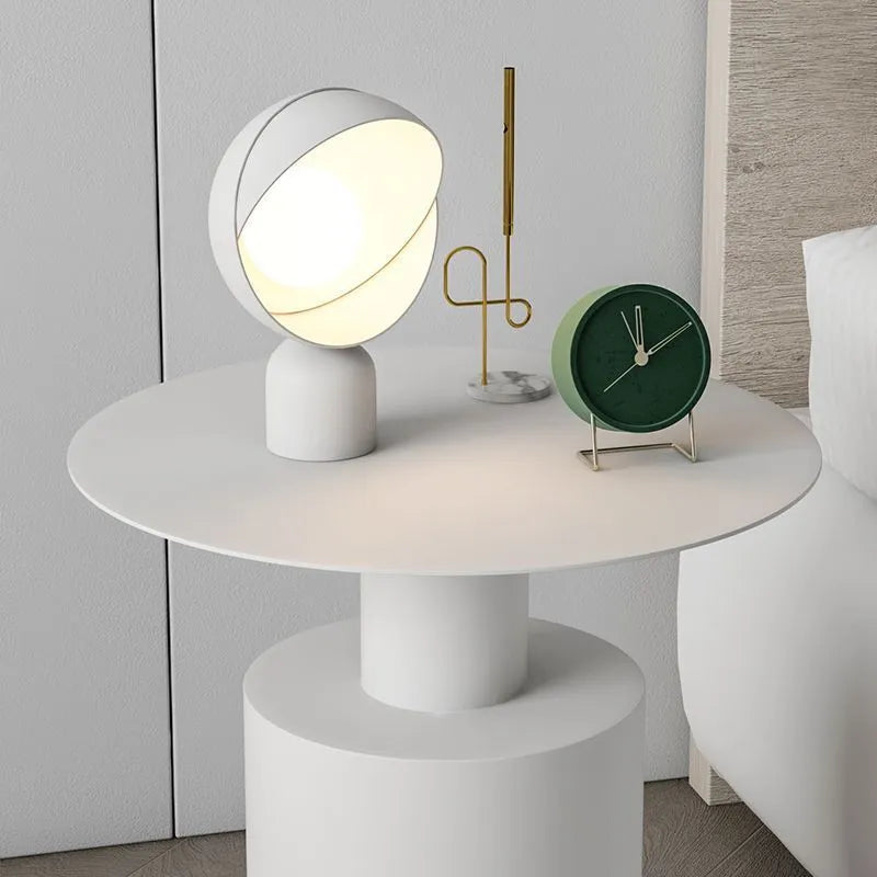 Round Nordic style metal bedside table in beige, frosted white, or frosted black for bedroom use
