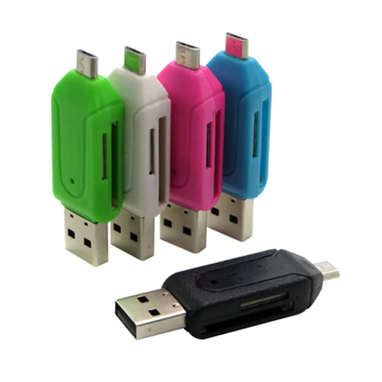 OTG dual-purpose card reader with USB 2.0 and micro USB interfaces in five colour options