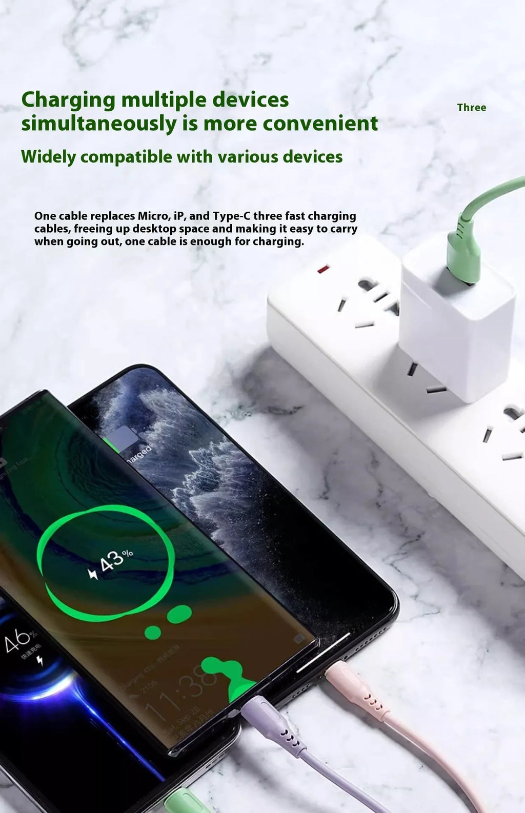 Three-in-one silicone charging cable in green with Mini USB, Lightning, and TYPE-C connectors, 1.2m length, scalable design