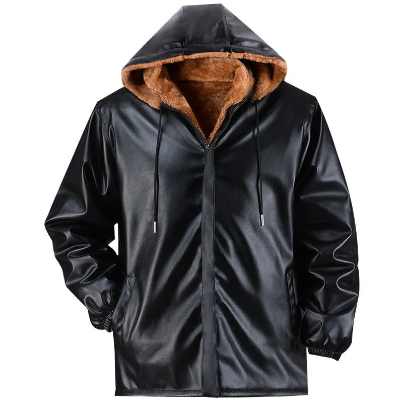 Men's fleece-lined thickened PU leather winter coat, loose wide fit, 65cm medium length, thickened top colour