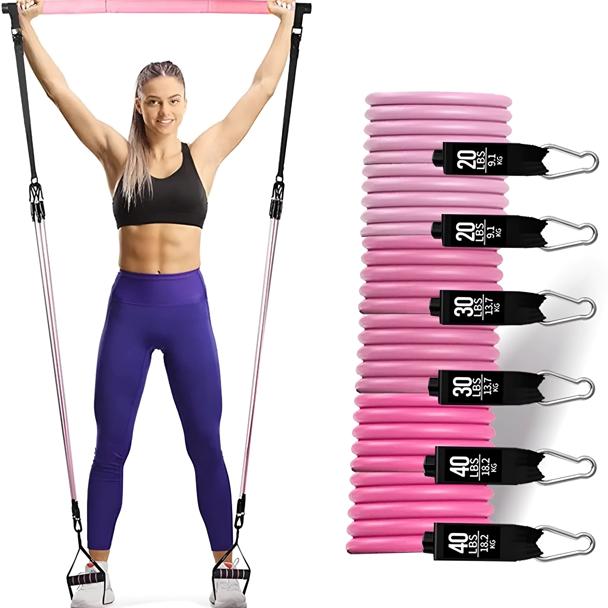 Yoga gymnastic bar with 180 pounds pink resistance band and pull rope set