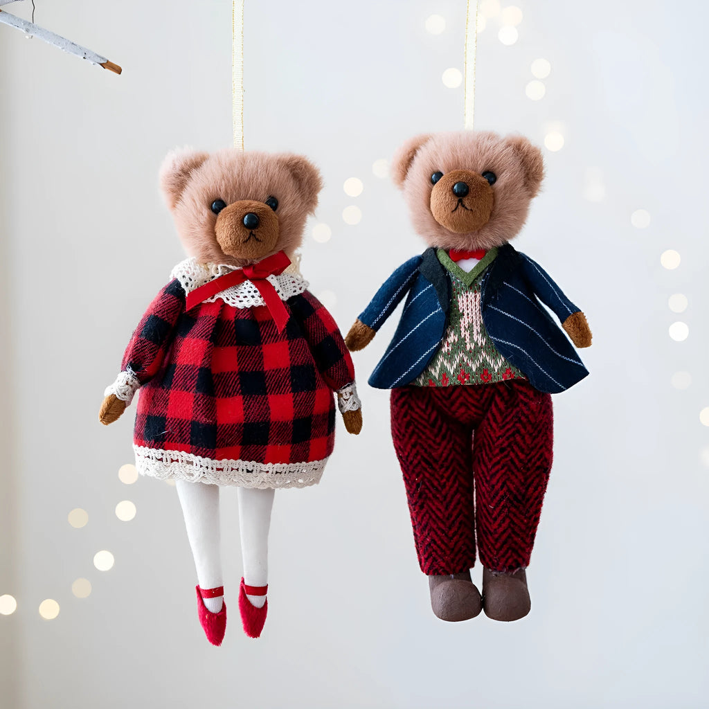 Cartoon style plush bear doll in cotton suit plaid, showing gentleman and princess bear options.