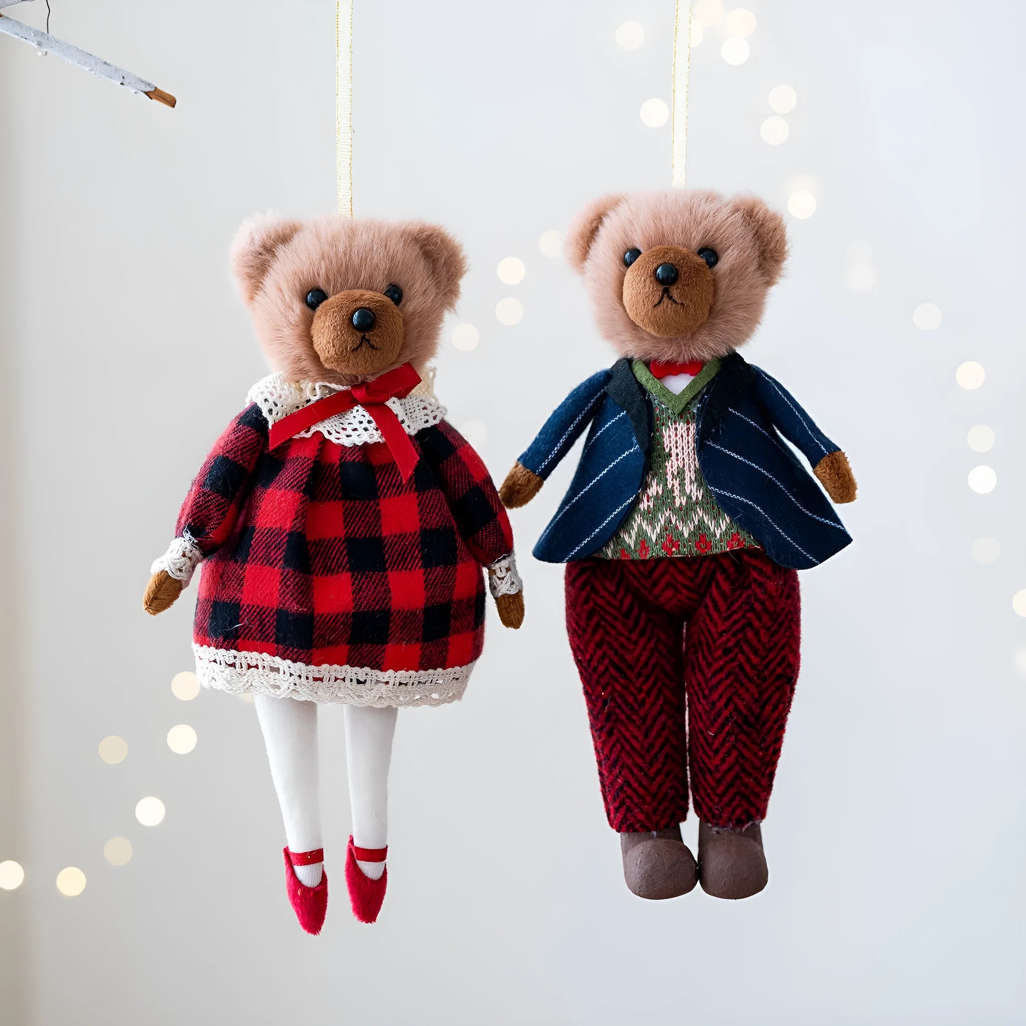 Cartoon style plush bear doll in cotton suit plaid, showing gentleman and princess bear options.