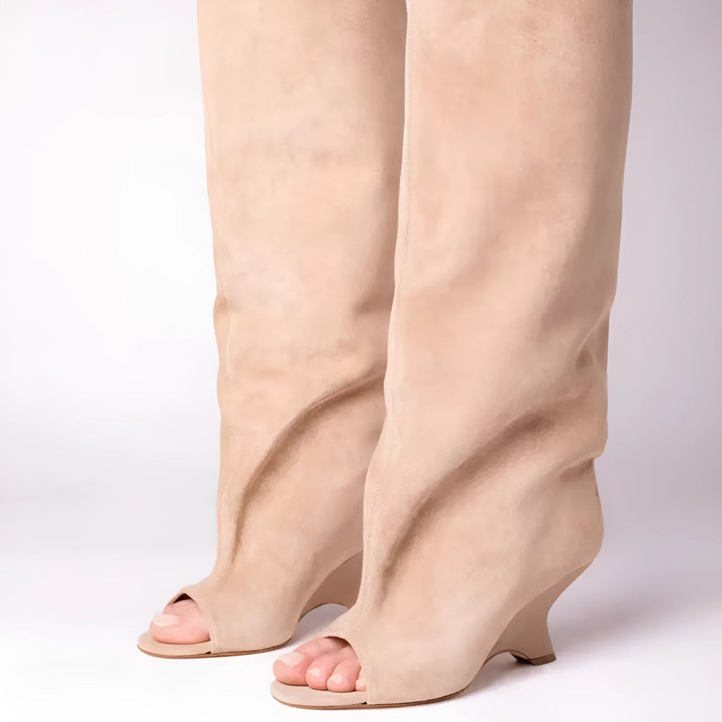Women's suede peep toe wedge sandal boots with 6-8cm high heel and tassel detail