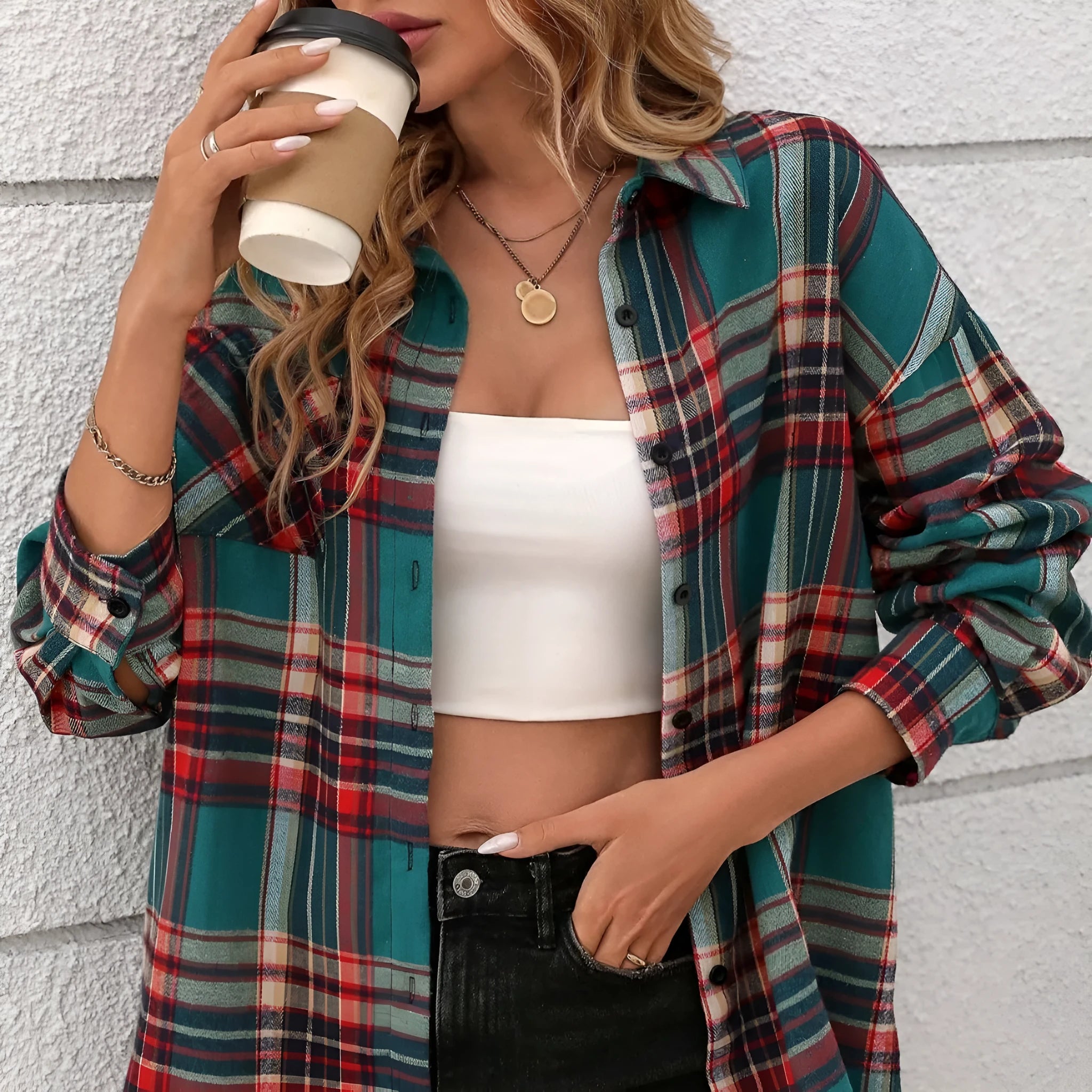 Women's casual loose retro cotton plaid shirt in black, green, or purple