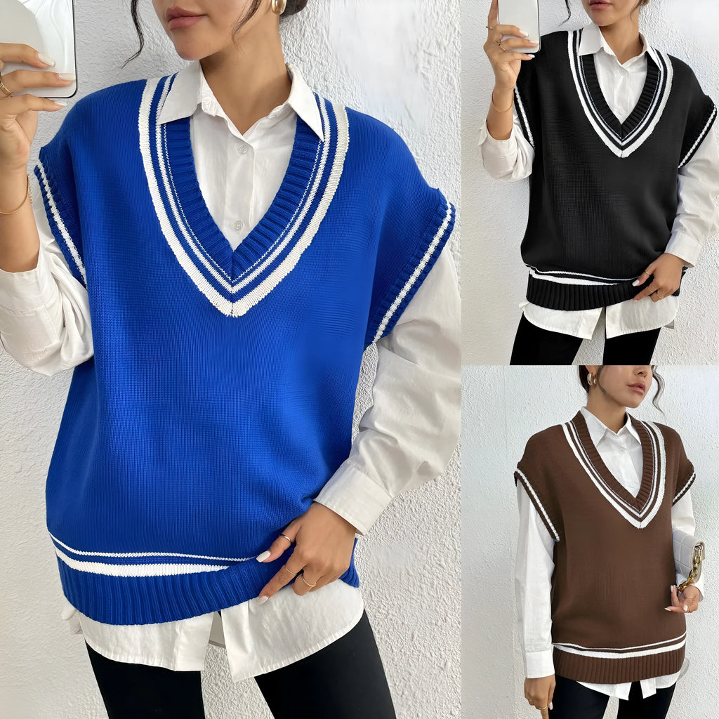 Women's loose-fit college style vest sweater in blue, coffee, and black colour options.