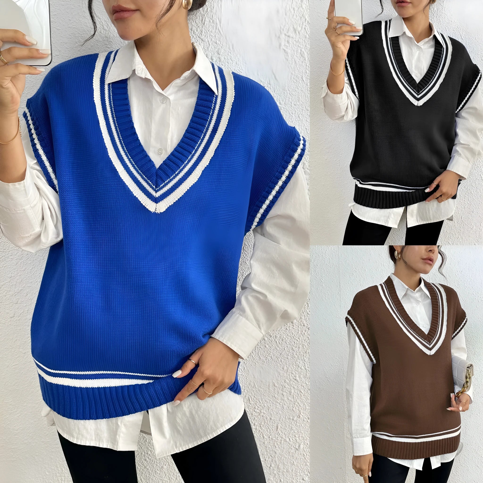 Women's loose-fit college style vest sweater in blue, coffee, and black colour options.