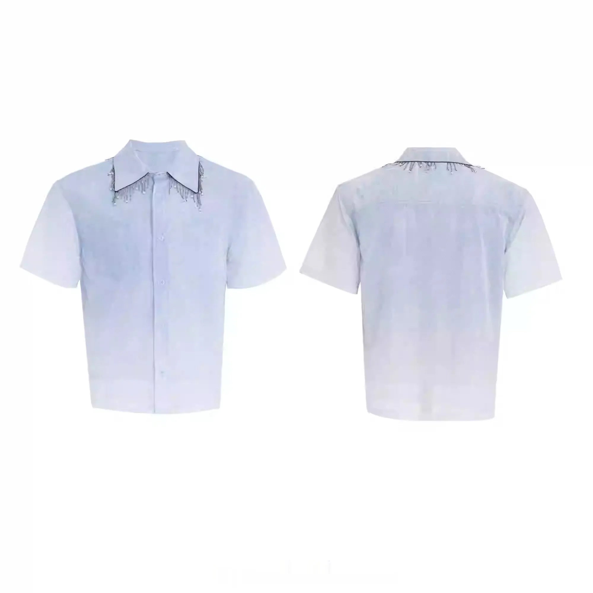 A blue and white gradient loose short-sleeve shirt on a hanger.