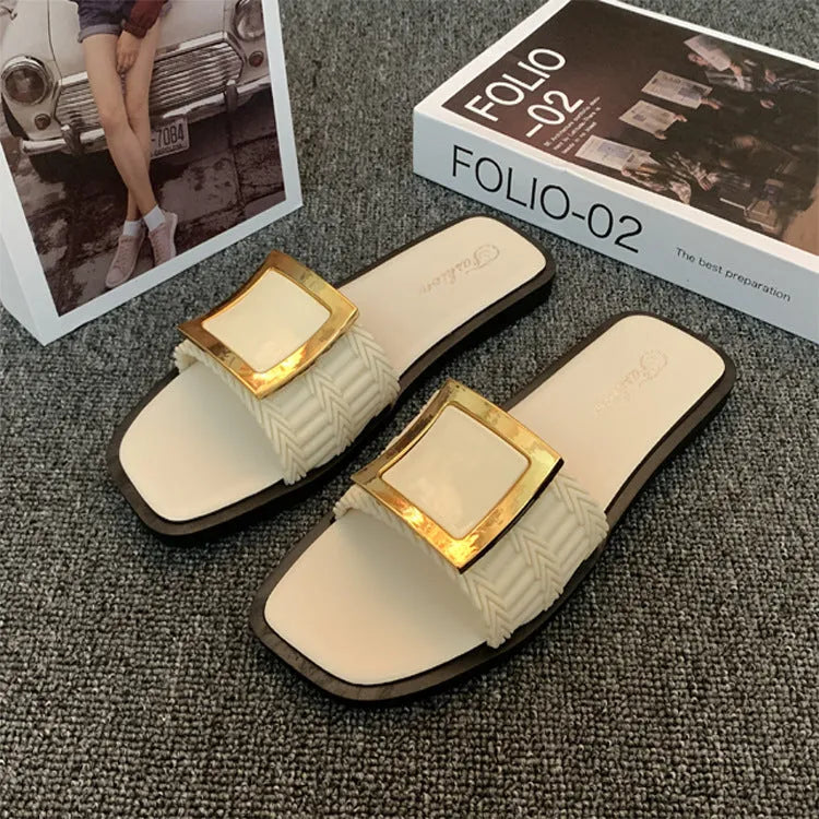 Women's flat casual slippers in apricot colour with a textured waterproof PVC sole.