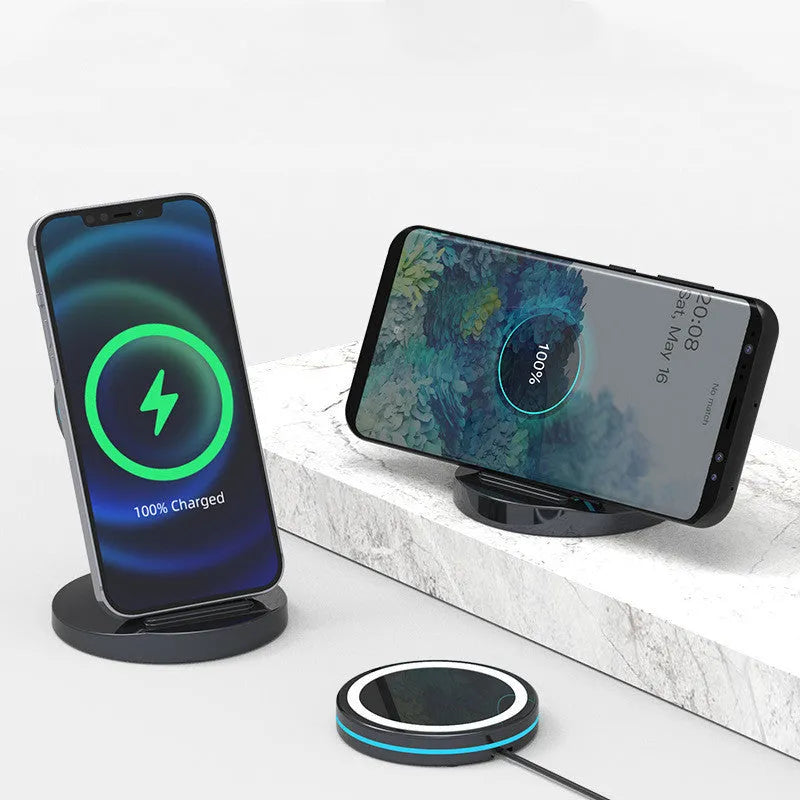 Folding magnetic wireless charging stand for iPhone 12 showing collapsed and extended positions